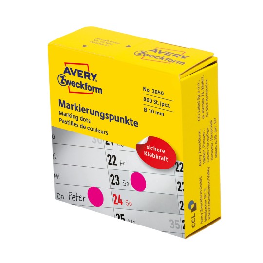 Изображение упаковки: Avery Zweckform Цветные маркеры-точки, артикул: 3850, формат: ⌀ 10 мм, содержание: 800 маркеров-точек / 1 рулон, 800 маркеров-точек/рулон?