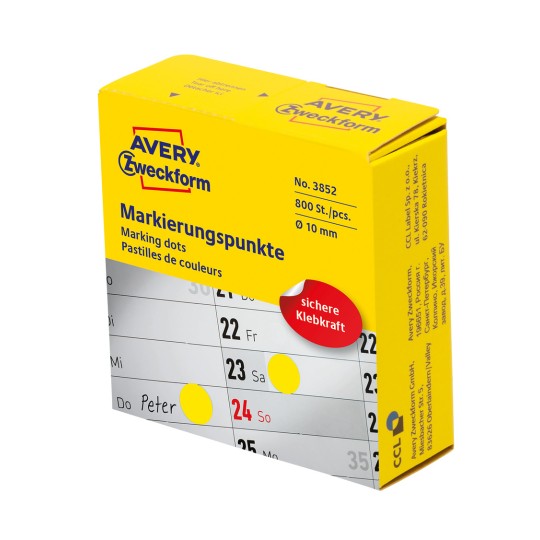Изображение упаковки: Avery Zweckform цветные маркеры, статья: 3852, формат: ⌀ 10 мм, содержание: 800 маркеров/1 рулон, 800 маркеров/рулон.