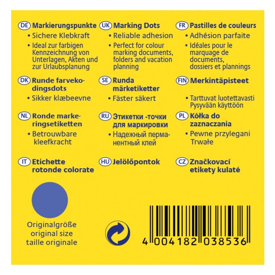 Изображение показывает упаковку продукта с этикетками на различных языках, описывающими маркеры-точки и их использование, включая надежное приклеивание для цветной маркировки документов.