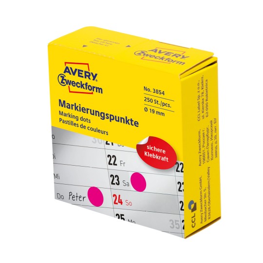 Изображение упаковки: Avery Zweckform цветные метки, артикул: 3854, формат: ⌀ 19 мм, содержимое: 250 меток / 1 рулон, 250 меток/рулон?