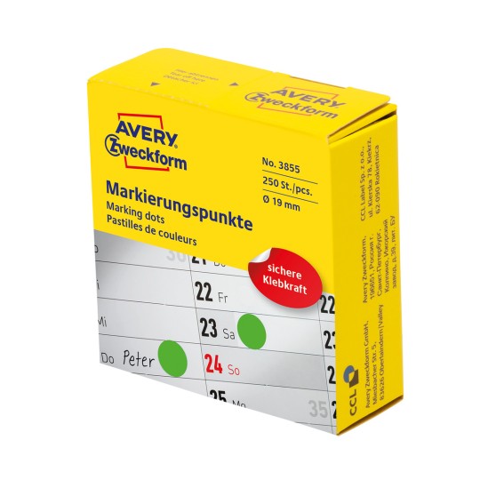Упаковка: Цветные маркировочные точки Avery Zweckform, артикул: 3855, формат: ⌀ 19 мм, содержимое: 250 маркировочных точек / 1 рулон, 250 маркировочных точек/рулон.
