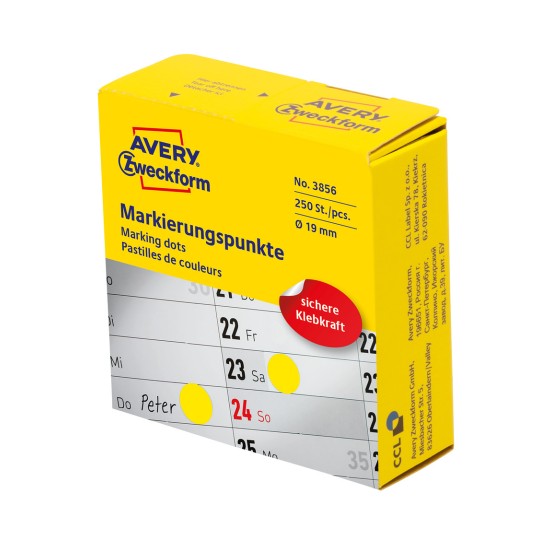Изображение упаковки: Avery Zweckform цветные маркировочные точки, артикул: 3856, формат: ⌀ 19 мм, содержание: 250 маркировочных точек / 1 рулон, 250 маркировочных точек/рулон.