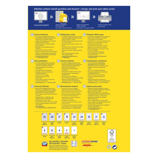 Изображение представляет собой многоязычное руководство по проектированию и печати этикеток с использованием продукции Avery. Оно демонстрирует различные типы этикеток, их особенности, инструкции по использованию, а также контактную информацию для службы поддержки клиентов. Макет включает несколько языков, таких как немецкий, английский, французский, нидерландский, финский, русский и польский.