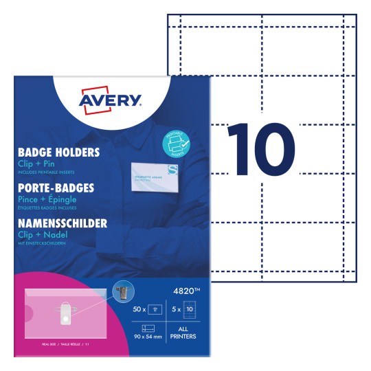 Изображение упаковки с листом карт: Бейджи Avery Zweckform с комбинированной клипсой, артикул: 4820, формат: 90 x 54 мм, подходит для печати: струйный принтер, цветной лазерный принтер, черно-белый лазерный принтер, копир, содержание: 50 бейджей / 50 вкладышей / 5 листов, / лист?