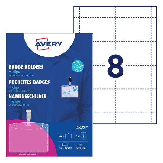 Изображение упаковки с листом карт: Именные бейджи Avery Zweckform с клипом, артикул: 4822, формат: 90 x 60 мм, совместимость: струйные принтеры, цветные лазерные принтеры, черно-белые лазерные принтеры, копировальные аппараты, содержимое: 25 именников / 32 вкладыша / 4 листа / лист?