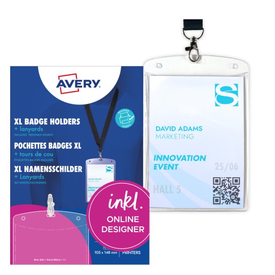 Изображение упаковки с листом карточек: карманные бейджи с лентой Avery Zweckform, артикул: 4834, формат: 105 x 148 мм, подходят для печати: струйные принтеры, цветные лазерные принтеры, черно-белые лазерные принтеры, копировальные аппараты, содержимое: 10 бейджей / 12 вкладышей / 3 листа.