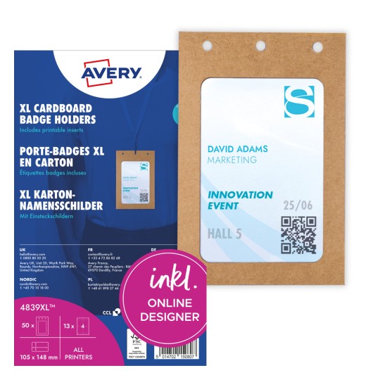 Изображение упаковки с листом карточек: Avery Zweckform карманы для бейджей большого размера, артикул: 4839XL, формат: 105 x 148 мм, пригодность для печати: лазер черно-белый, цветной лазер, струйный, лазерный, содержание: 50 бейджей / 52 вставки / 13 листов.