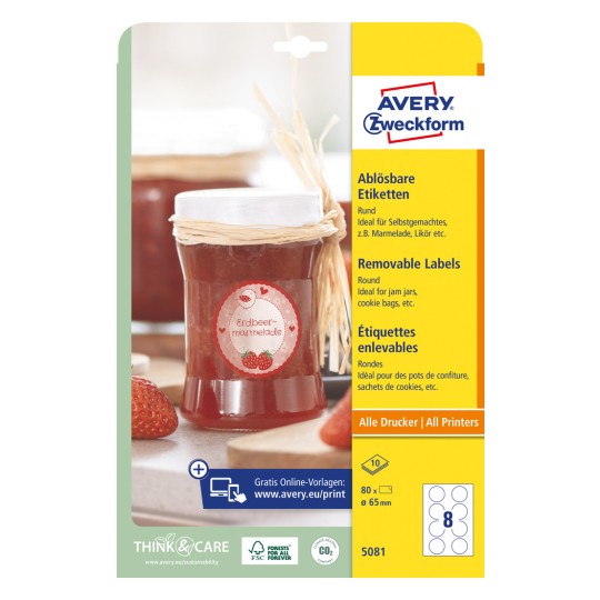 Изображение упаковки: Avery Zweckform круглые этикетки, артикул: 5081, формат: ⌀ 65 мм, совместимость с принтерами: струйные, лазерные черно-белые, цветные лазерные, содержимое: 80 этикеток / 10 листов, 8 этикеток/лист.