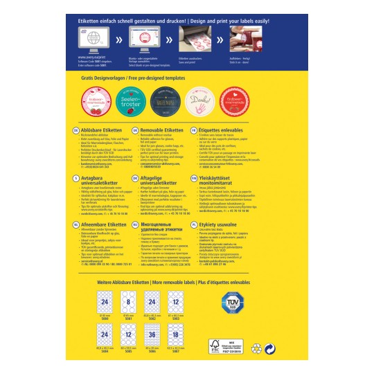 Изображение является рекламой этикеток Avery, демонстрирующее различные типы съемных и клейких этикеток, а также шаблоны для их дизайна. Включены инструкции по простому проектированию и печати этикеток, контактная информация службы поддержки и список размеров этикеток.