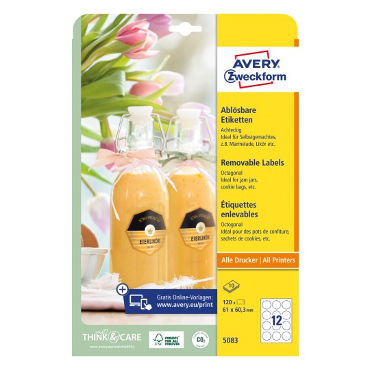 Изображение упаковки: Avery Zweckform Восьмиугольные этикетки, артикул: 5083, формат: 61 x 60,3 мм, пригодность для печати: струйные, лазерные черно-белые, цветные лазерные принтеры, содержимое: 120 этикеток / 10 листов, 12 этикеток/лист.