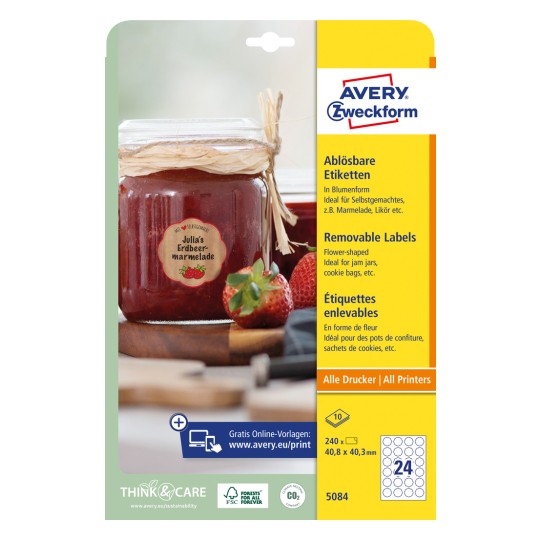 Изображение упаковки: Avery Zweckform цветочные этикетки, артикул: 5084, формат: 40,8 x 40,3 мм, пригодность для печати: струйный принтер, черно-белый лазерный принтер, полноцветный лазерный принтер, содержимое: 240 этикеток / 10 листов, 24 этикетки/лист.