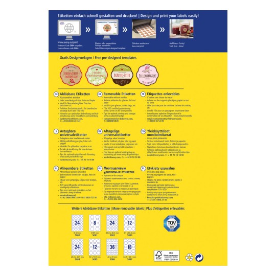 На изображении представлен флаер для Avery, демонстрирующий продукты с этикетками, шаблоны дизайна и инструкции по печати на нескольких языках, включая немецкий, французский, голландский, русский и польский.