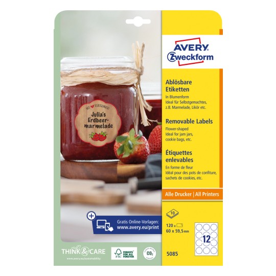 Изображение упаковки: этикетки цветочной формы Avery Zweckform, артикул: 5085, формат: 60 x 59,5 мм, совместимость с принтером: струйный, лазерный ч/б, цветной лазерный, содержание: 120 этикеток / 10 листов, 12 этикеток на лист.