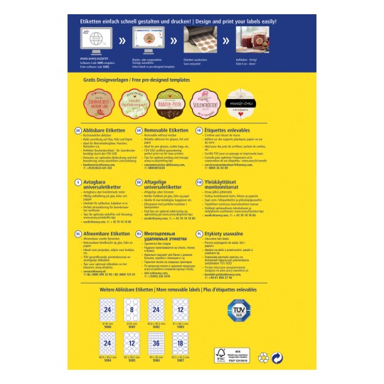 Это изображение является рекламным флаером для съемных этикеток Avery, демонстрирующим различные дизайны и шаблоны на нескольких языках. Оно содержит инструкции по дизайну и печати этикеток, а также информацию о различных типах доступных этикеток.
