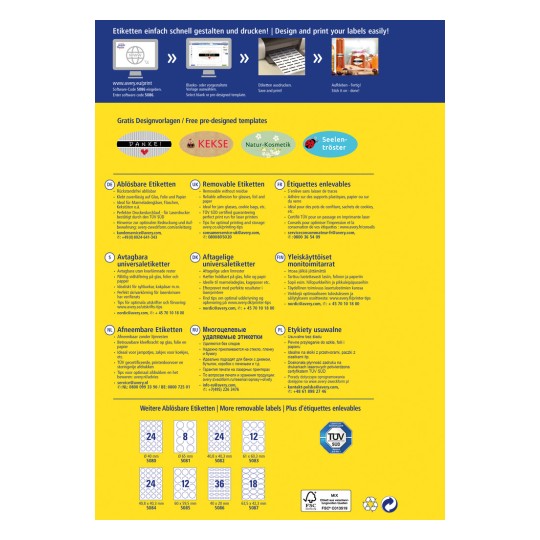 Информационная графика о дизайне и печати этикеток, демонстрирующая различные виды съемных этикеток на нескольких языках, а также примеры шаблонов и контактные данные.