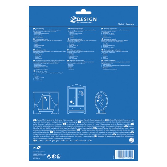 Изображение представляет собой этикетку упаковки продукта с наклейками для украшения окон от Avery Zweckform, содержащую многоязычные инструкции и предупреждения. Оно включает иллюстрации декорированной мебели и акцентирует внимание на безопасности детей.