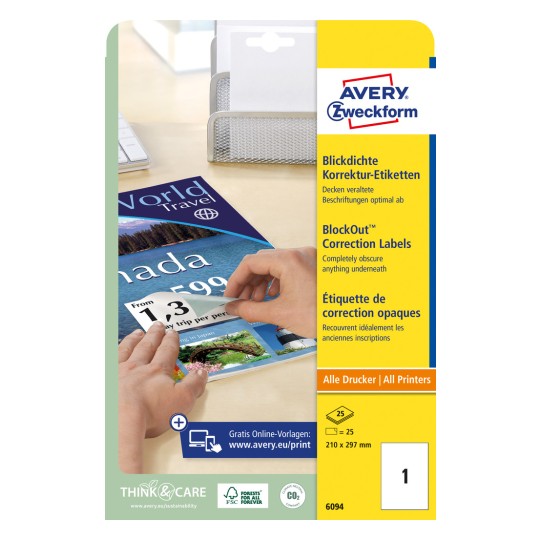 Изображение упаковки: Avery Zweckform корректирующие этикетки, артикул: 6094, формат: 210 x 297 мм, пригодны для печати: струйные принтеры, лазерные черно-белые принтеры, цветные лазерные принтеры, содержание: 25 этикеток / 25 листов, 1 этикетка/лист.