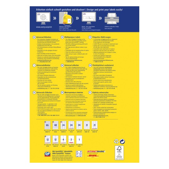 Изображение представляет собой многоязычный справочник по проектированию и печати этикеток с использованием продукции Avery, содержащий инструкции и информацию о типах этикеток, совместимости с печатью и сведениях о службе поддержки клиентов.