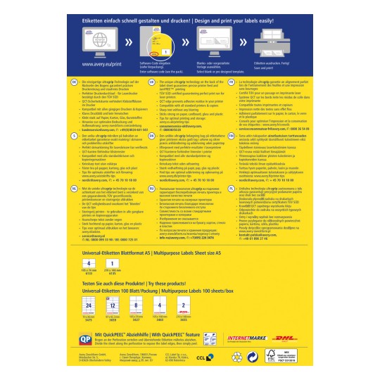 Изображение представляет собой информационную графику о продуктах для печати этикеток от Avery, с инструкциями на разных языках, спецификациями продуктов и советами по дизайну для эффективной печати этикеток.