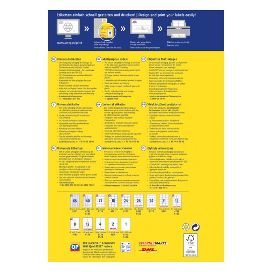 Изображение представляет собой руководство по дизайну этикеток от Avery, описывающее универсальные этикетки со спецификациями на нескольких языках, включая немецкий, датский, финский, нидерландский, русский, французский и польский. В нем содержатся инструкции по печати, размеры этикеток и контактная информация.