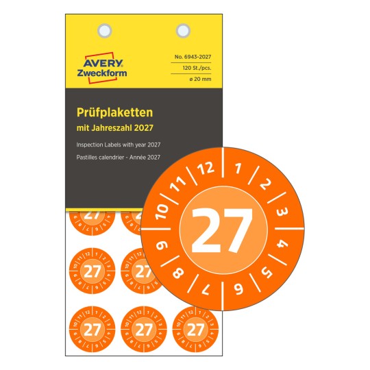 Изображение упаковки с проверочной этикеткой: Avery Zweckform Prüfplaketten, артикул: 6943-2027, формат: ⌀ 20 мм, содержание: 120 проверочных этикеток / 8 листов, 15 проверочных этикеток/лист.