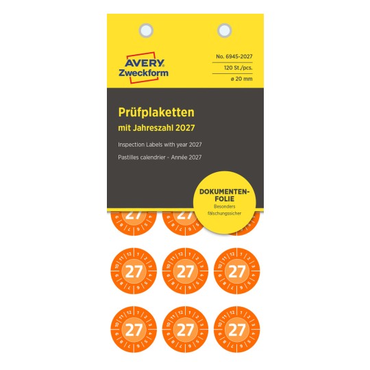 Изображение упаковки: Многофункциональные наклейки Avery Zweckform, артикул: 6945-2027, формат: ⌀ 20 мм, содержимое: 120 наклеек / 8 листов, 15 наклеек на лист.