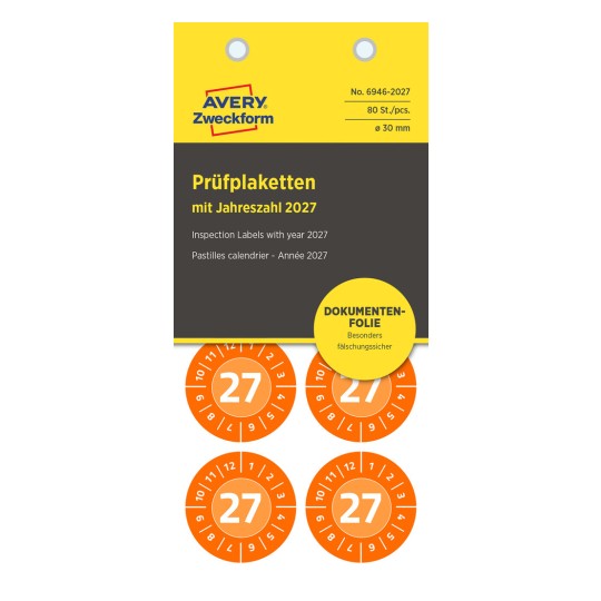 Изображение упаковки: Avery Zweckform Non A4 контрольные наклейки, Артикул: 6946-2027, Формат: ⌀ 30 мм, Содержание: 80 контрольных наклеек / 10 листов, 8 контрольных наклеек/лист?