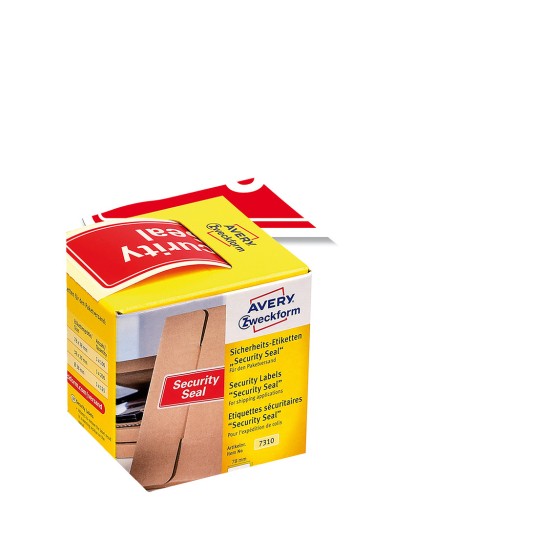 Изображение упаковки с рулоном этикеток: защитная пломба Avery Zweckform, артикул: 7310, формат: 78 x 38 мм, содержание: 1 этикетка / 1 рулон, этикетки/рулон?