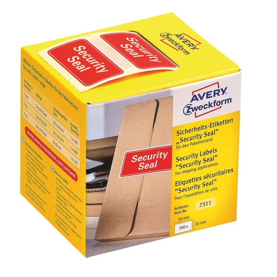 Изображение упаковки: Avery Zweckform Sicherheits-Etiketten, с предварительной печатью, артикул: 7311, формат: 38 x 20 мм, содержание: 200 этикеток / 1 рулон, 200 этикеток/рулон?