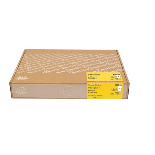 Изображение упаковки: Avery Zweckform Versand-Etiketten, большая упаковка, артикул: 8018-300, формат: 199,6 x 143,5 мм, подходит для принтеров: струйные, лазерные ч/б, цветные лазерные, содержимое: 600 этикеток / 300 листов, 2 этикетки/лист.