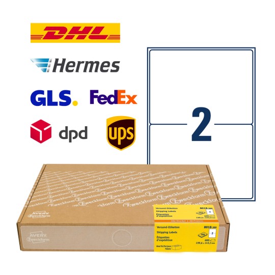 Imagem da embalagem com folha de etiquetas: Avery Zweckform Etiquetas de Envio, Artigo: 8018-300, Formato: 199,6 x 143,5 mm, Compatibilidade com impressora: Jato de tinta, Laser P/B, Laser colorido, Conteúdo: 600 etiquetas / 300 folhas, 2 etiquetas/folha