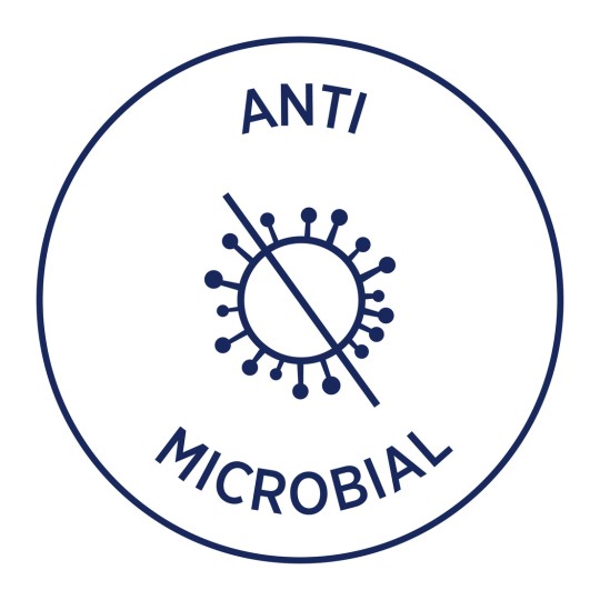 Изображение содержит круглый дизайн с надписью «ANTI» вверху и «MICROBIAL» внизу. В центре находится графическое изображение символа вируса, зачеркнутого, что указывает на антимикробные свойства.