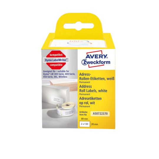 Изображение упаковки: Avery Zweckform, Артикул: AS0722370, Формат: 28 x 89 мм, Подходит для печати: термопринтеры, Dymo LabelWriter* серии 300, серии 400, серии 450, 4XL, Wireless, Содержимое: 260 этикеток / 2 ролла, 130 этикеток/ролл.
