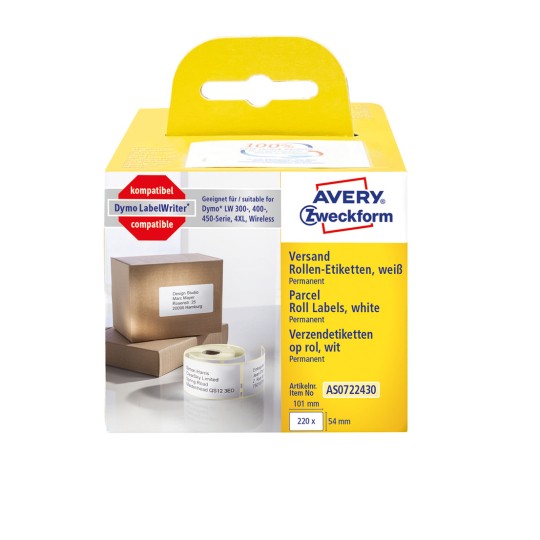 Изображение упаковки: Avery Zweckform, Артикул: AS0722430, Формат: 54 x 101 мм, Подходит для принтера: термопринтеры, Dymo LabelWriter* серии 300, серии 400, серии 450, 4XL, Wireless, Содержание: 220 этикеток / 1 рулон, 220 этикеток/рулон?