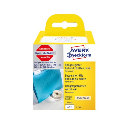 Изображение упаковки: Avery Zweckform, артикул: AS0722460, формат: 12 x 50 мм, пригодность для печати: термопринтеры, серия Dymo LabelWriter* 300, серия 400, серия 450, 4XL, Wireless, содержимое: 220 этикеток / 1 рулон, 220 этикеток/рулон.