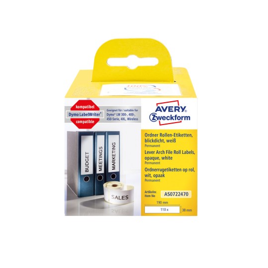 Упаковка: Avery Zweckform , артикул: AS0722470, формат: 38 x 190 мм, подходящая печатающая техника: термопринтеры, Dymo LabelWriter* серии 300, серии 400, серии 450, 4XL, беспроводные, содержимое: 110 этикеток / 1 рулон, 110 этикеток/рулон?