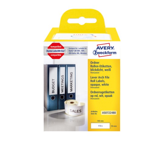 Упаковка: Avery Zweckform, артикул: AS0722480, формат: 59 x 190 мм, пригодность для печати: термопринтеры Dymo LabelWriter* серии 300, серии 400, серии 450, 4XL, беспроводные, содержание: 110 этикеток / 1 рулон, 110 этикеток/рулон?