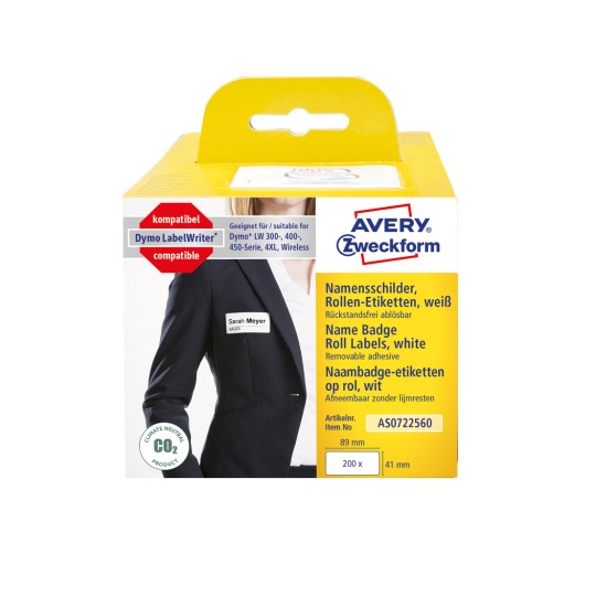 Упаковка: Avery Zweckform, Артикул: AS0722560, Формат: 41 x 89 мм, Подходит для принтеров: термопринтеры, Dymo LabelWriter* 300-серия, 400-серия, 450-серия, 4XL, Wireless, Содержит: 200 этикеток / 1 рулон, 200 этикеток/рулон.