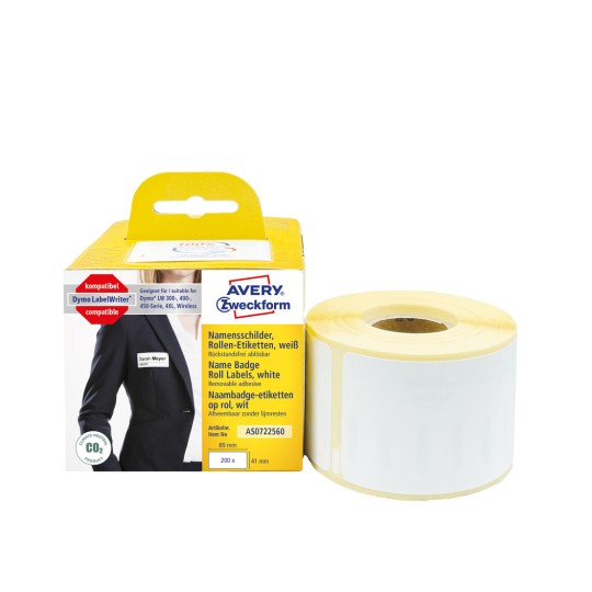 Изображение упаковки с роликом этикеток: этикетки на ролике Avery Zweckform, артикул: AS0722560, формат: 41 x 89 мм, пригодность для печати: термопринтер, Dymo LabelWriter* серия 300, серия 400, серия 450, 4XL, Wireless, содержимое: 200 этикеток / 1 ролик, 200 этикеток/ролик.
