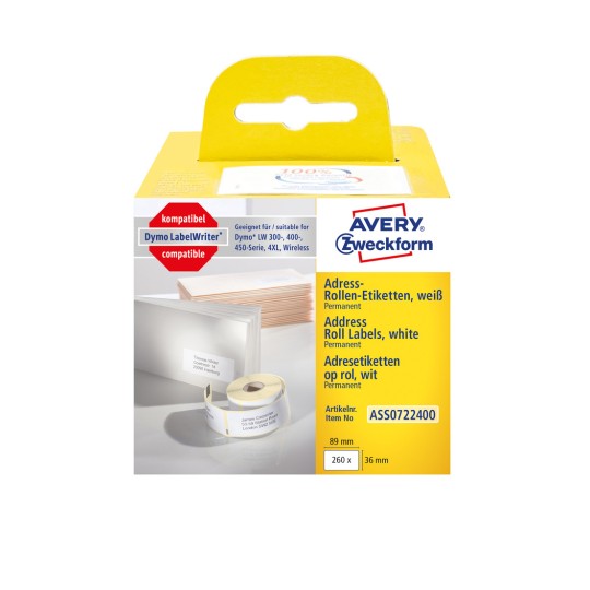 Изображение упаковки: Avery Zweckform, Артикул: ASS0722400, Формат: 36 x 89 мм, Подходит для печати на: термопринтере, Dymo LabelWriter* серии 300, серии 400, серии 450, 4XL, Wireless, Содержание: 260 этикеток / 1 рулон, 260 этикеток/рулон?