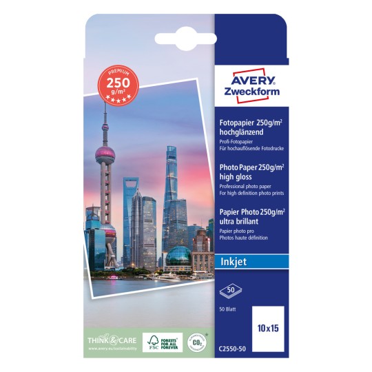 Изображение упаковки: Avery Zweckform Premium Inkjet Фото-бумага, Артикул: C2550-50, Формат: 100 x 150 мм, Подходит для принтеров: струйные, Содержимое: 50 листов.