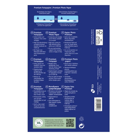 Изображение показывает упаковку для фотобумаги премиум-класса, с описанием ее характеристик и преимуществ на нескольких языках. Подчеркивается моментальное высыхание, возможность печати с высоким разрешением, а также информация о поддержке клиентов.