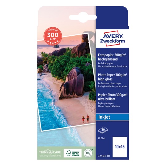 Изображение упаковки: Avery Zweckform Premium Inkjet Фото-бумага, Артикул: C2553-40, Формат: 100 x 150 мм, Подходит для принтера: Inkjet, Содержимое: 20 листов.