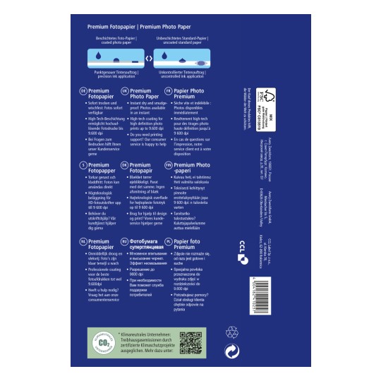 Изображение показывает упаковку для премиальной фотобумаги, описывающую ее характеристики на нескольких языках, включая доступность мгновенной печати, высокотехнологичное покрытие для печати высокого разрешения и поддержку клиентского сервиса.