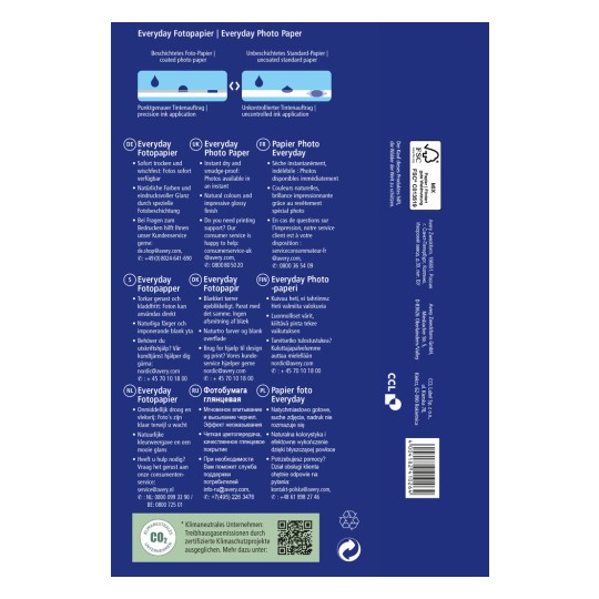 Изображение отображает информацию об упаковке «Everyday Photo Paper» на нескольких языках, подчеркивая такие особенности, как мгновенное высыхание, естественные цвета и контакты службы поддержки клиентов.