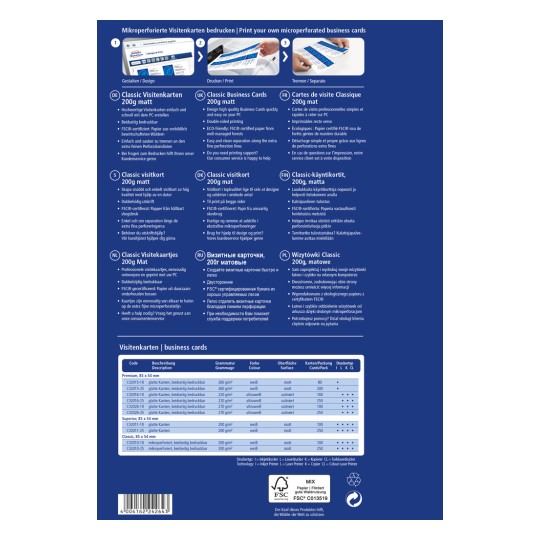 Изображение содержит информацию о микроперфорированных визитках, включая варианты печати, спецификации на нескольких языках и описания типов и характеристик карт.