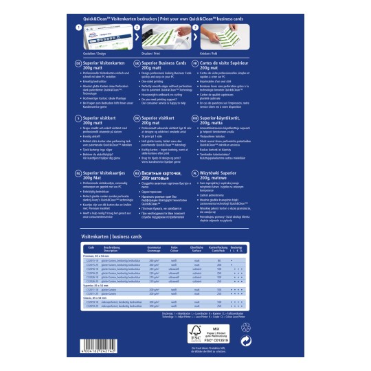 Изображение содержит информацию о бизнес-картах Quick&Clean, включая спецификации, детали печати и описания на различных языках, касающиеся особенностей и преимуществ продукта.