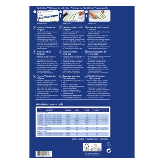 Изображение отображает информацию о премиальных визитных карточках, включая такие характеристики, как вес, отделка поверхности и варианты дизайна. Также представлены многоязычные описания и таблица продуктов с различными предложениями и деталями.