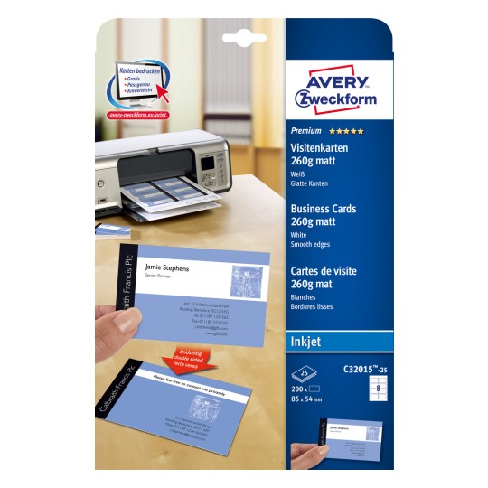 Упаковка: Avery Zweckform Inkjet, Артикул: C32015-25, Формат: 85 x 54 мм, Совместимость с принтером: Inkjet, Содержимое: 200 карточек / 25 листов, 8 карточек/лист?