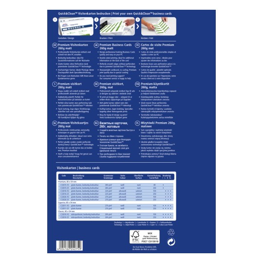 Изображение содержит информацию о визитных карточках Quick&Clean, подробно описывая их особенности, спецификации и переводы на различные языки. Оно подчеркивает варианты печати, используемые материалы и предоставляет сравнение различных типов визитных карточек и их характеристик.